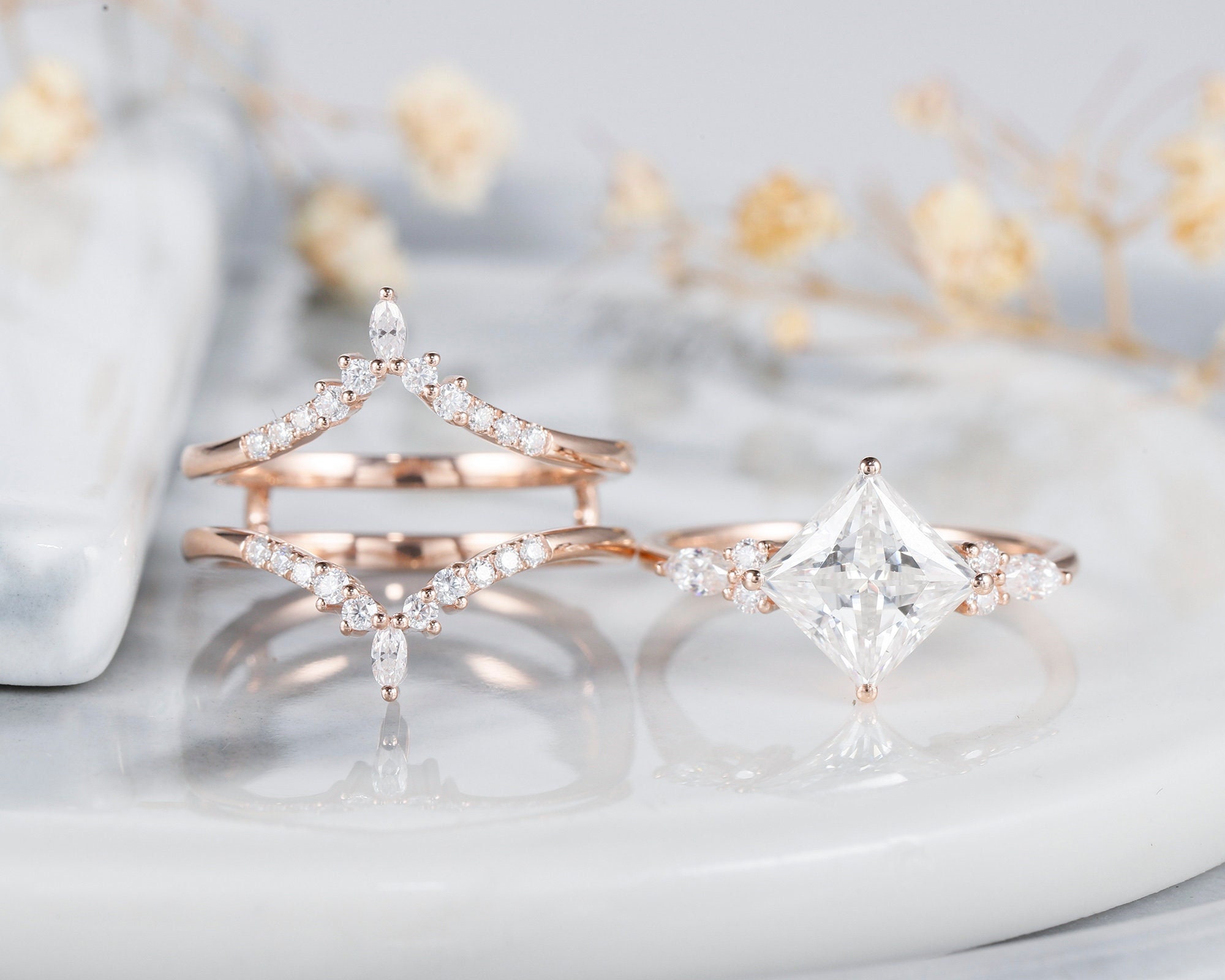 Princess Cut Moissanite Engagement Ring Set,14k Rose Gold Moissanite Princess Cut Moissanite Engagement Ring Set,14k Rose Gold Moissanite