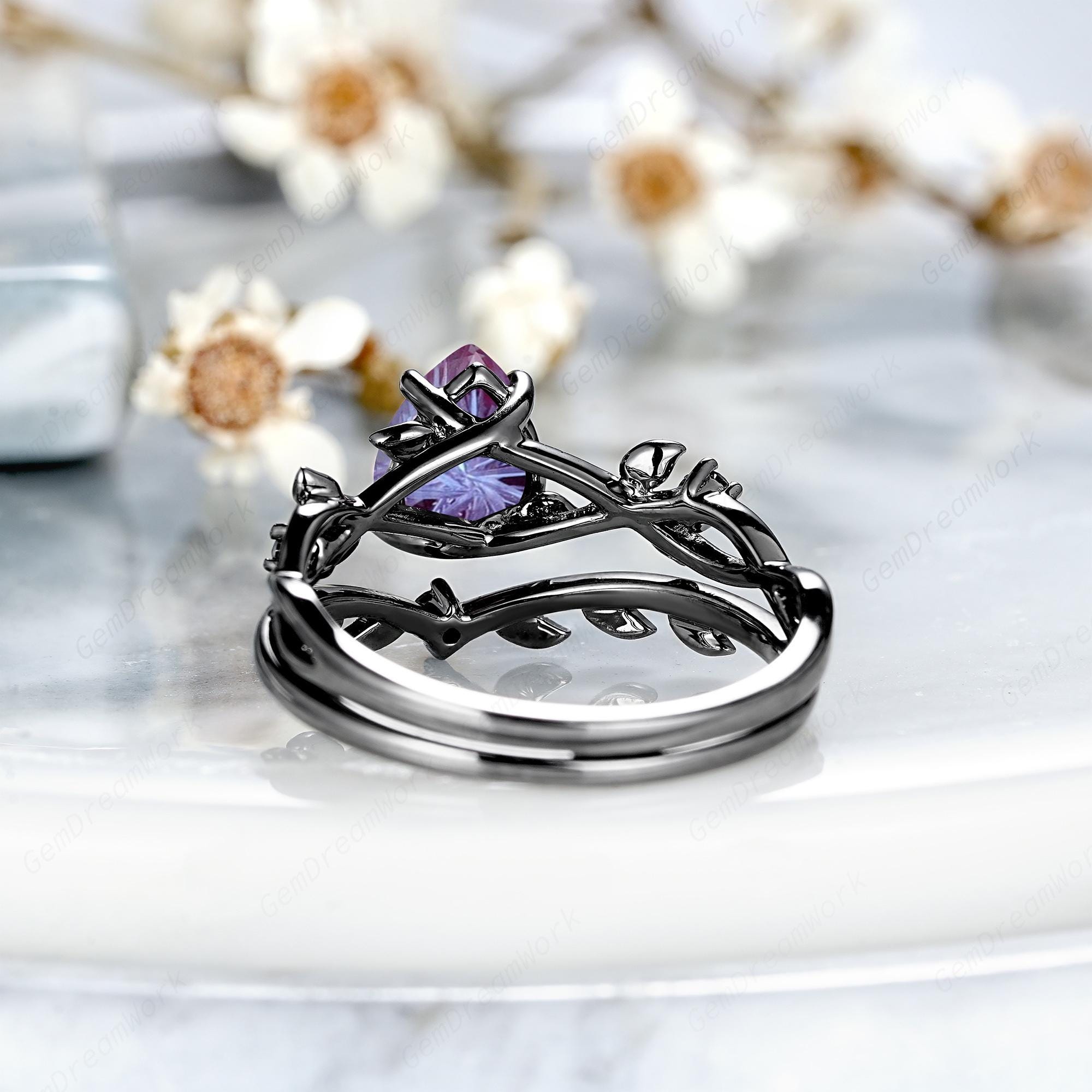 アスティエ　クリスマスオーナメント　ENGAGEMENT RING BLACK Nature Inspired Black Opal Leaf Engagement Ring Set, Rhodium Black