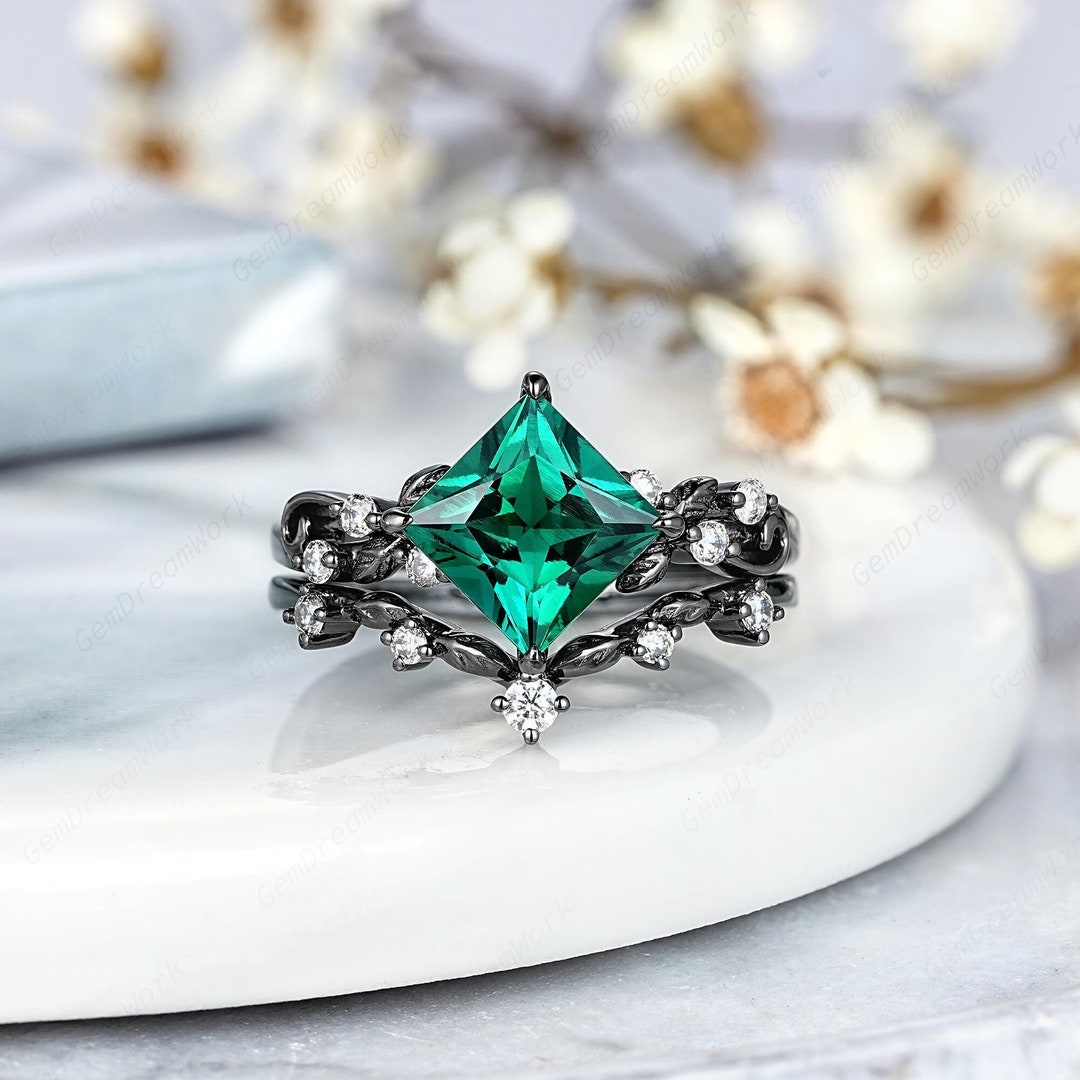 Buy Princess Cut Emerald Engagement Ring Set, Black Gold Gothic Emerald  Wedding Rings for Women, Leaf Nature Inspired Moissanite Promise Rings  Online