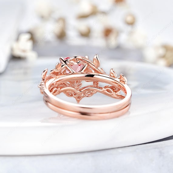 Heart Pink Sapphire Engagement Rings Set Custom Leaf Flower