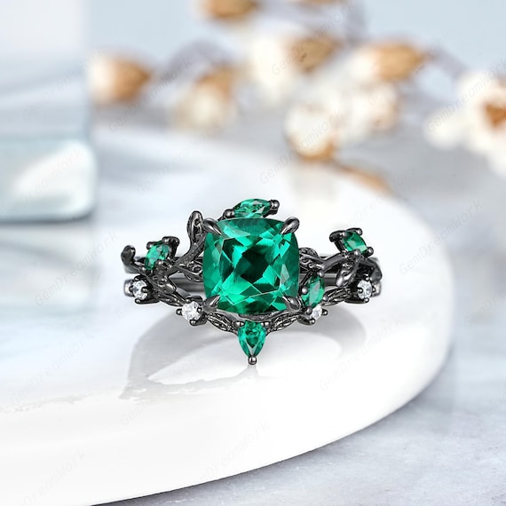 Antique Cushion Cut Emerald Engagement Ring Set Black Gold Leaf