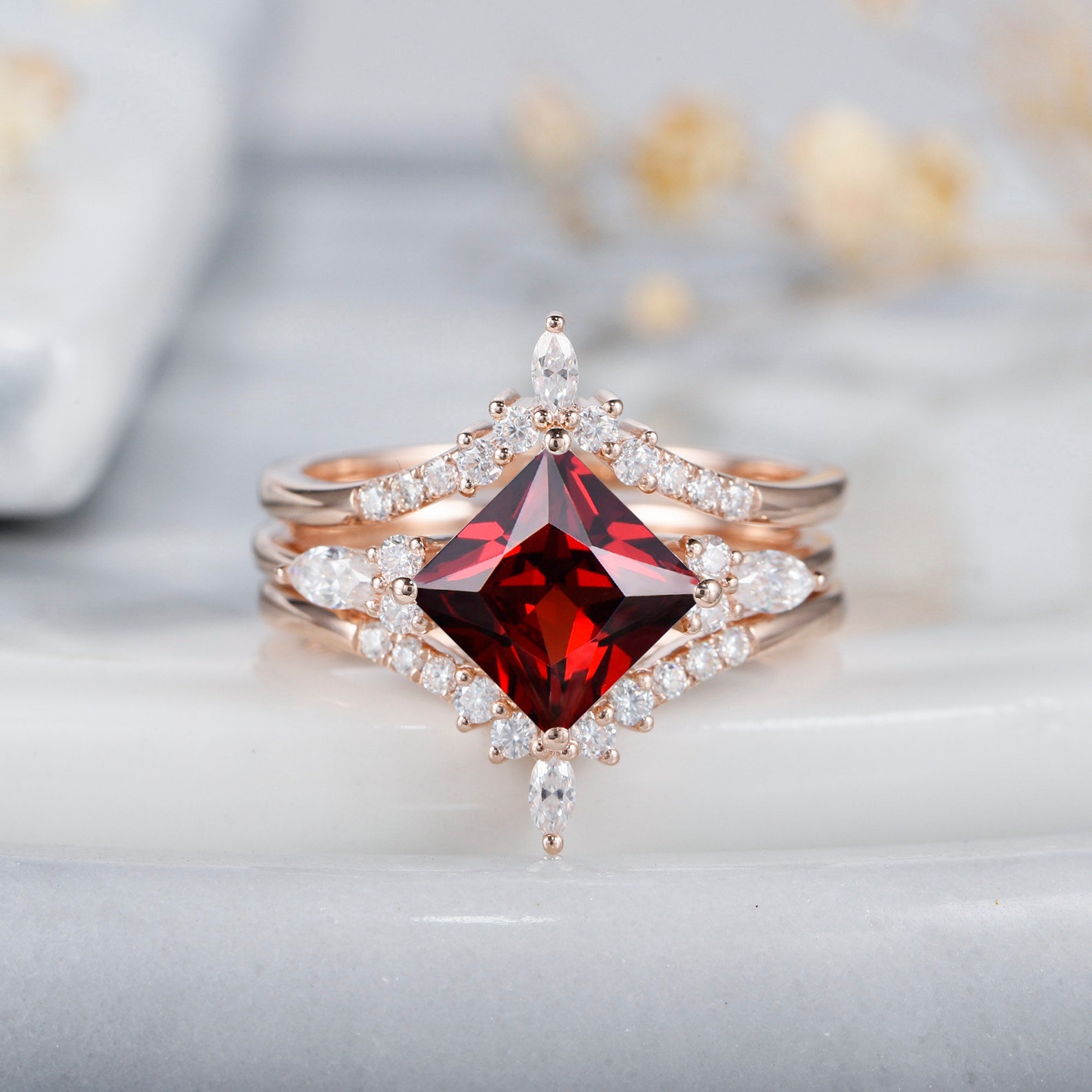 Princess Cut Garnet Wedding Ring Set, Vintage 14k Rose Gold Garnet Princess Cut Garnet Wedding Ring Set, Vintage 14k Rose Gold Garnet