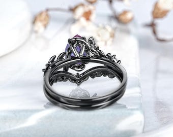 Fireworks Cut Alexandrite Engagement Ring Set Black Gold Leaf