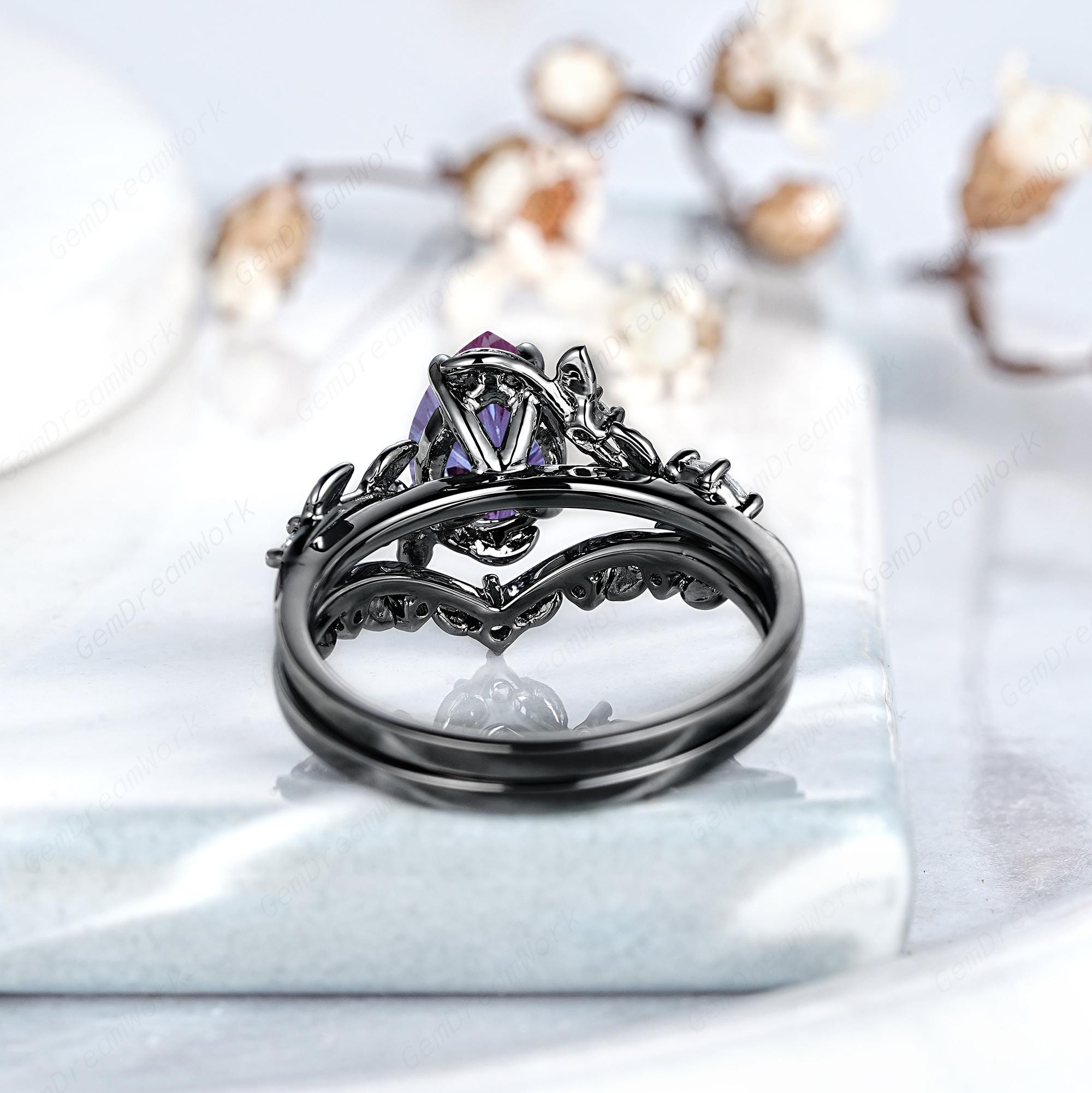 Fireworks Cut Alexandrite Engagement Ring Set Black Gold Leaf