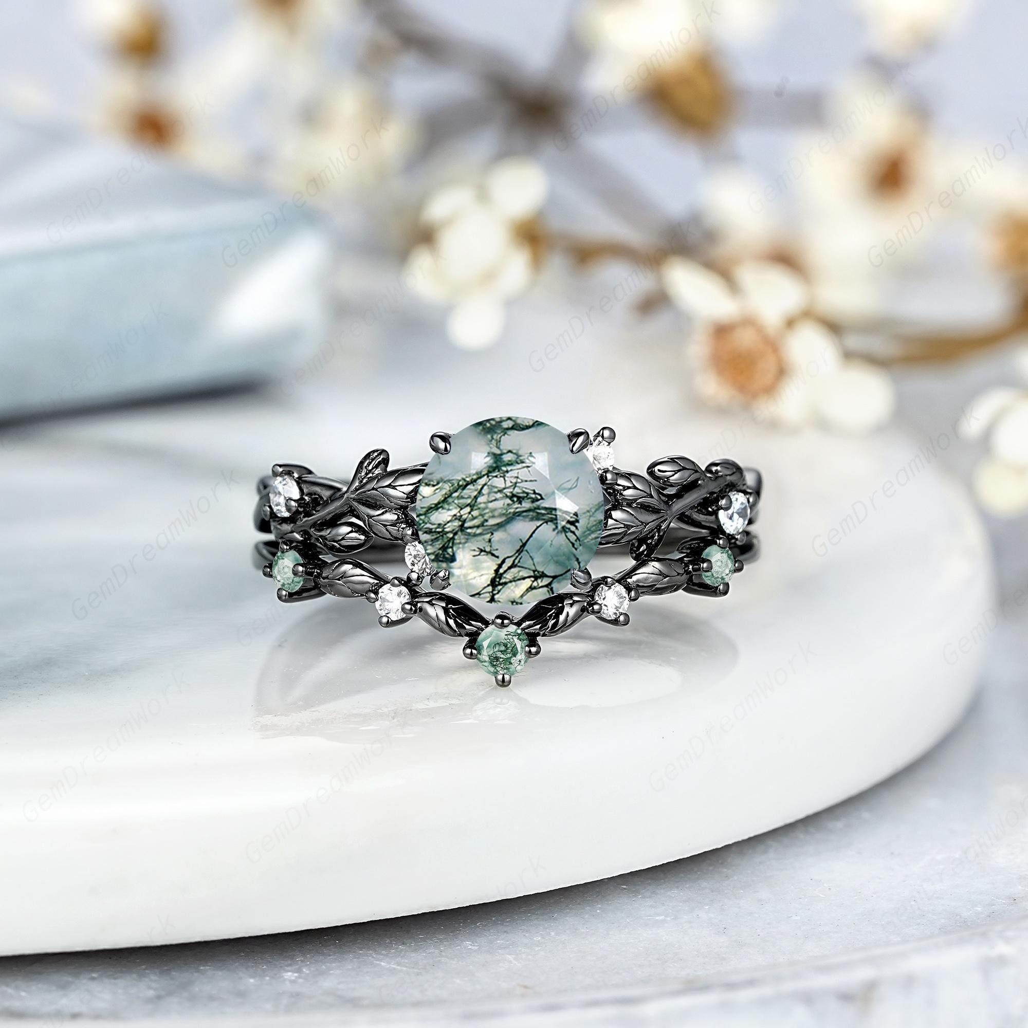 Nature Moss Agate Engagement Ring Set, Gothic Black Gold Round