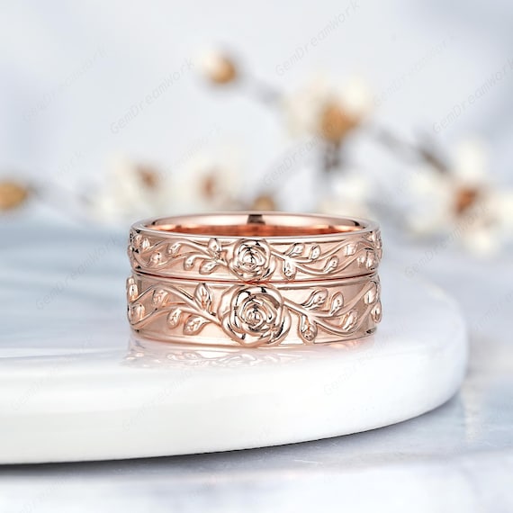 Custom Rose Couple Ring Set Nature Inspire Leaf Flower His and