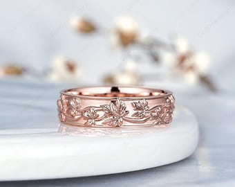 5mm Custom Maple Nature Inspired Couple Ring Set 14k Rose Gold His