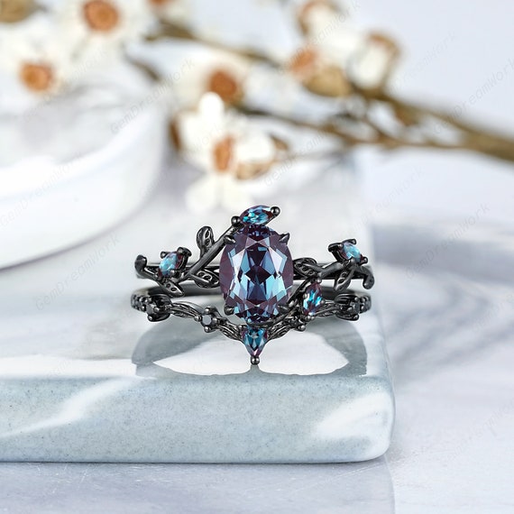 Oval Alexandrite Engagement Ring Set Black Gold Leaf Wedding Rings
