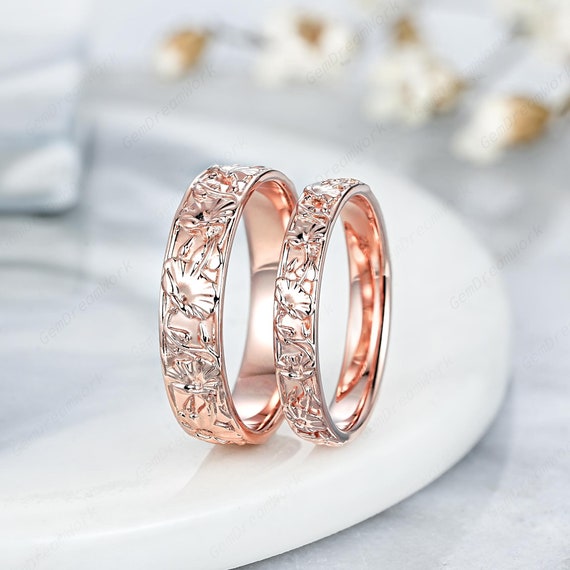 Nature Inspired Morning Glory Couple Rings Set Custom Gold His and