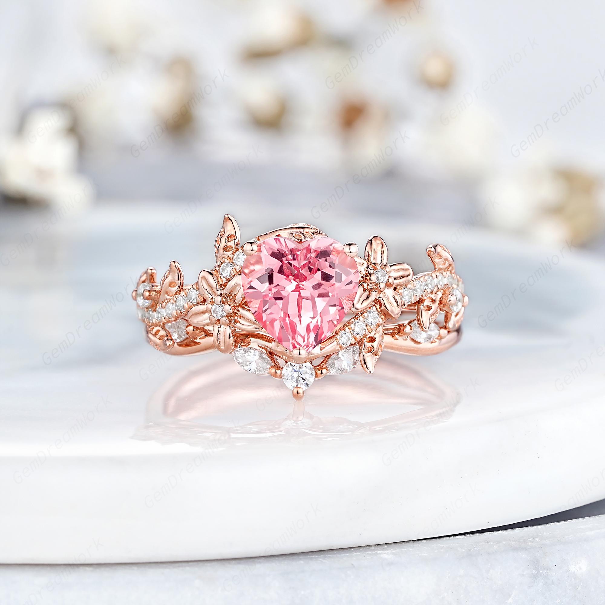 Heart Pink Sapphire Engagement Rings Set Custom Leaf Flower