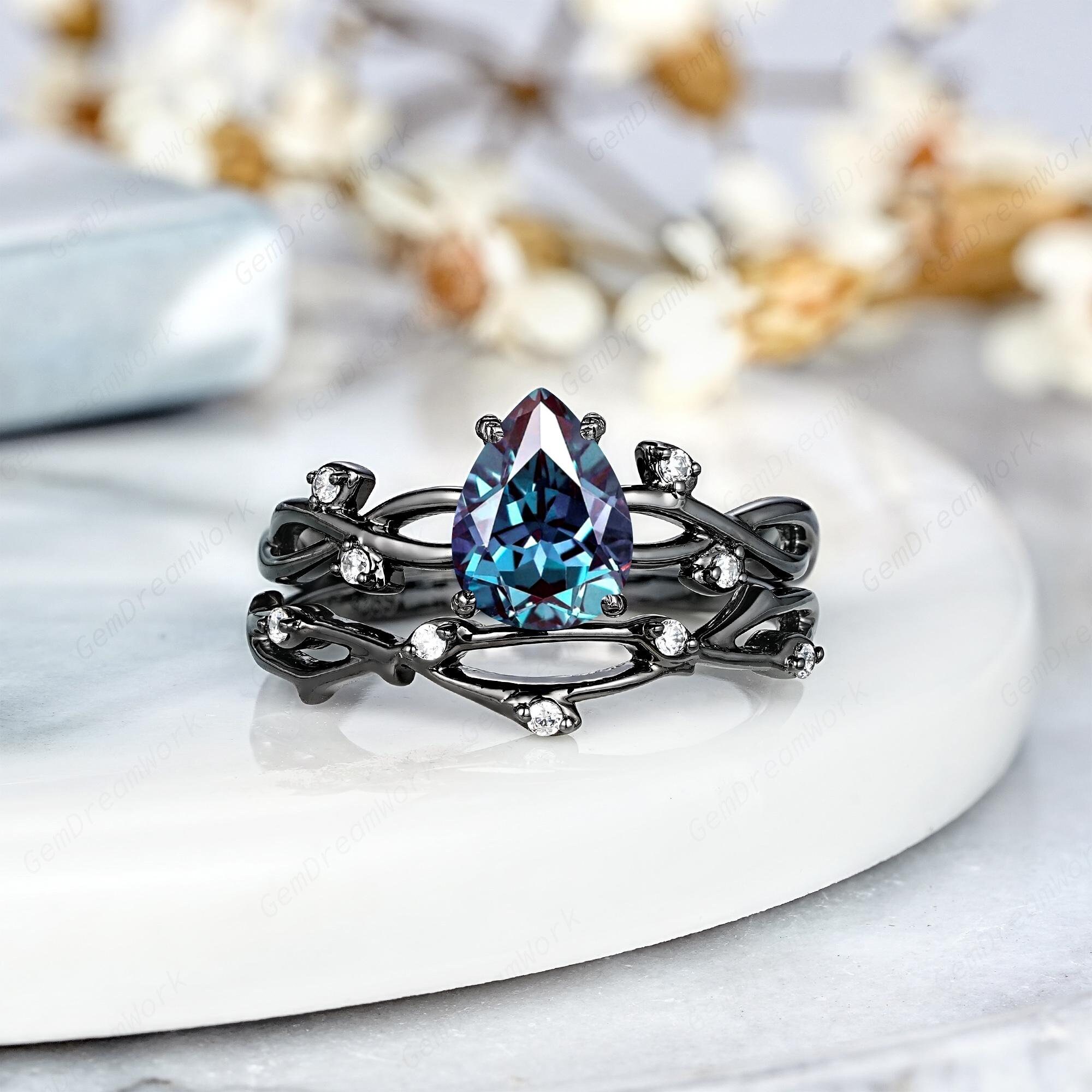 Gothic Pear Alexandrite Engagement Ring Set Black Gold Nature Twig