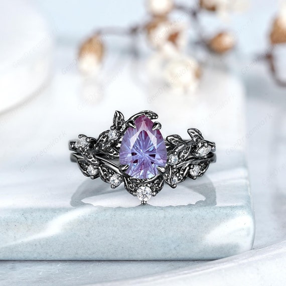 Fireworks Cut Alexandrite Engagement Ring Set Black Gold Leaf
