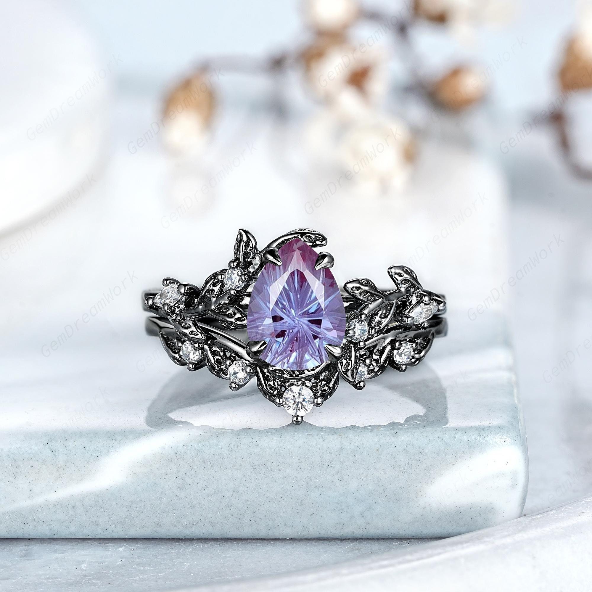 Fireworks Cut Alexandrite Engagement Ring Set Black Gold Leaf
