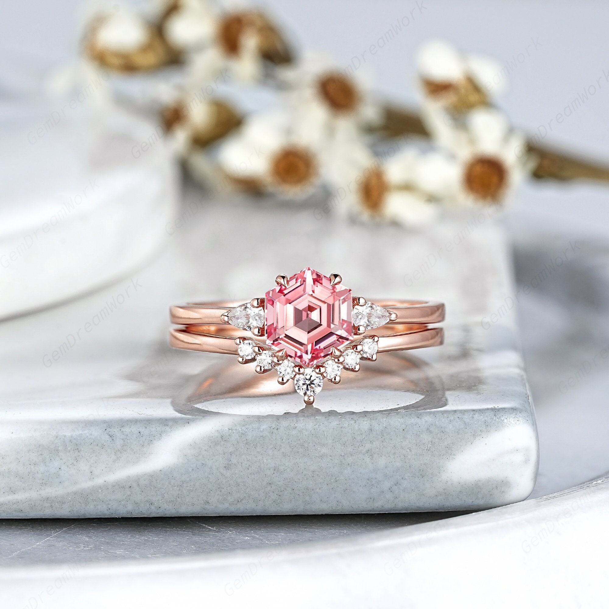 指輪・リング Pink sapphire Minimalist Hexagon Pink Sapphire Wedding Ring Set Vintage Peach