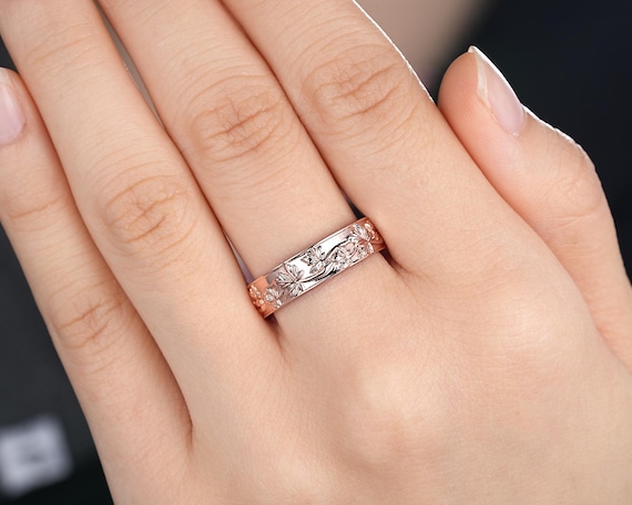 5mm Custom Maple Nature Inspired Couple Ring Set 14k Rose Gold His