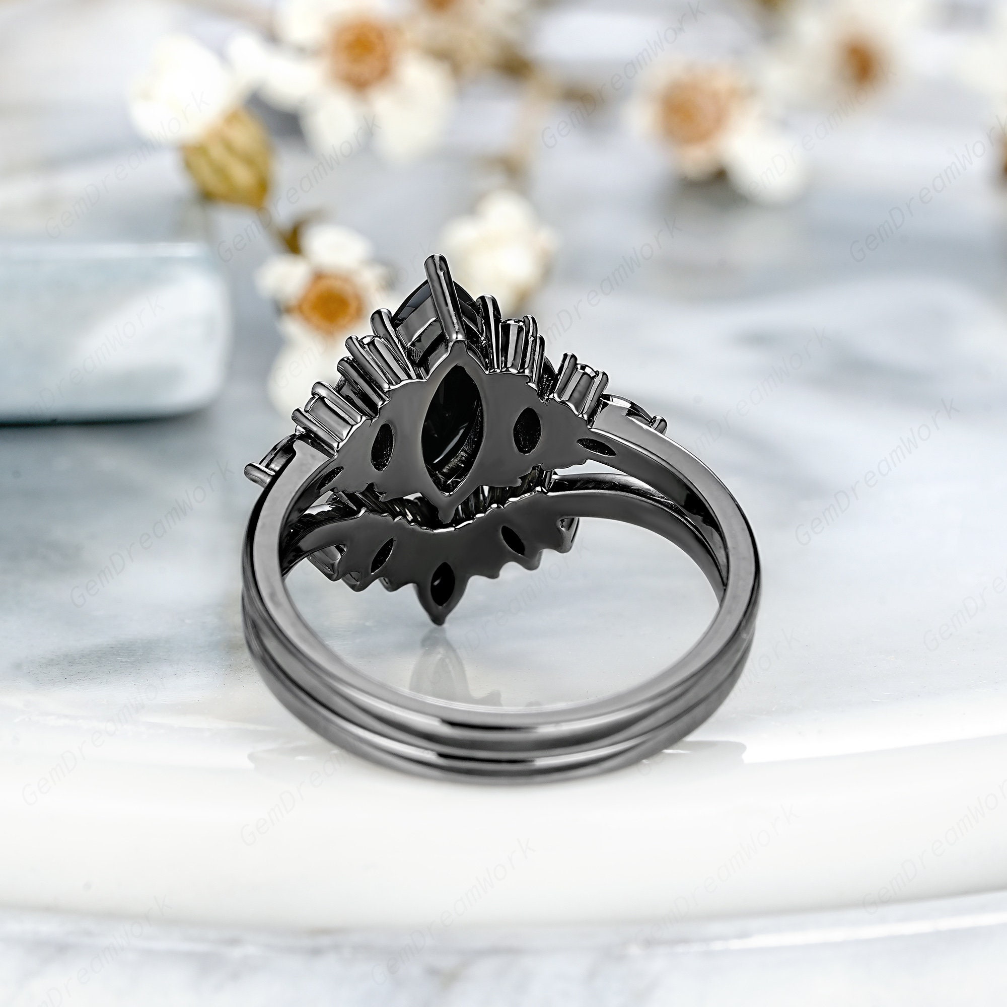 Marquise Black Moissanite Engagement Ring Set, Cluster Black Marquise Black Moissanite Engagement Ring Set, Cluster Black