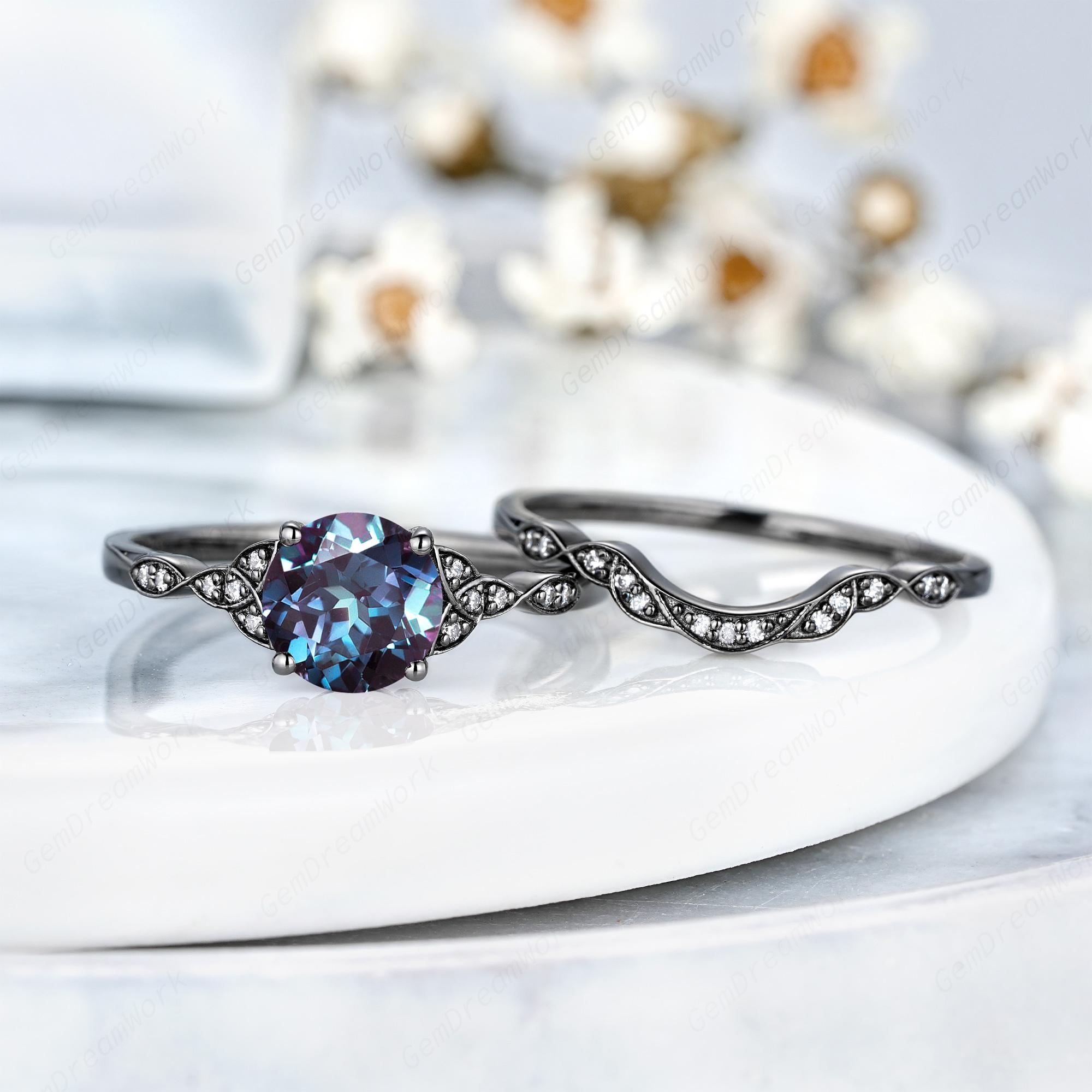 Round Alexandrite Engagement Ring Set Black Gold Celtic Knot