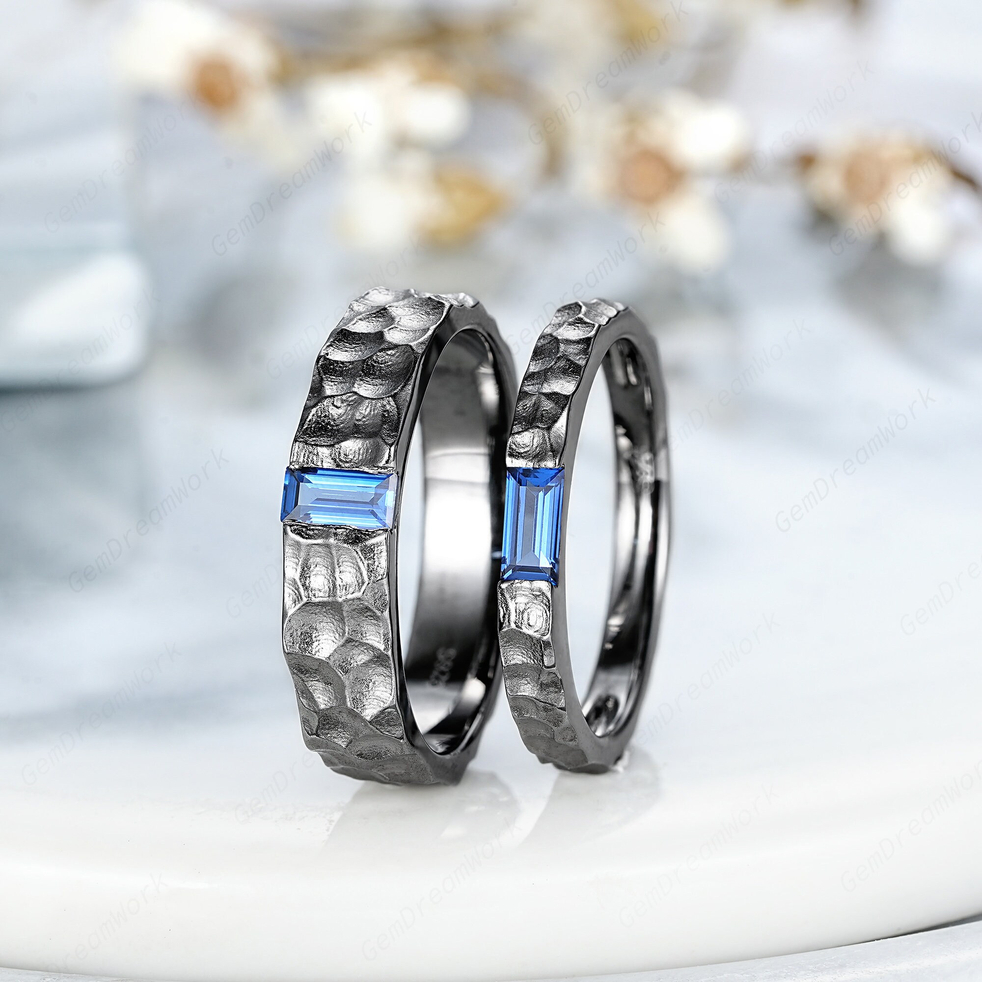 Hammered 2pcs Black Gold Couple Ring Set, Blue Sapphire Engagement ...