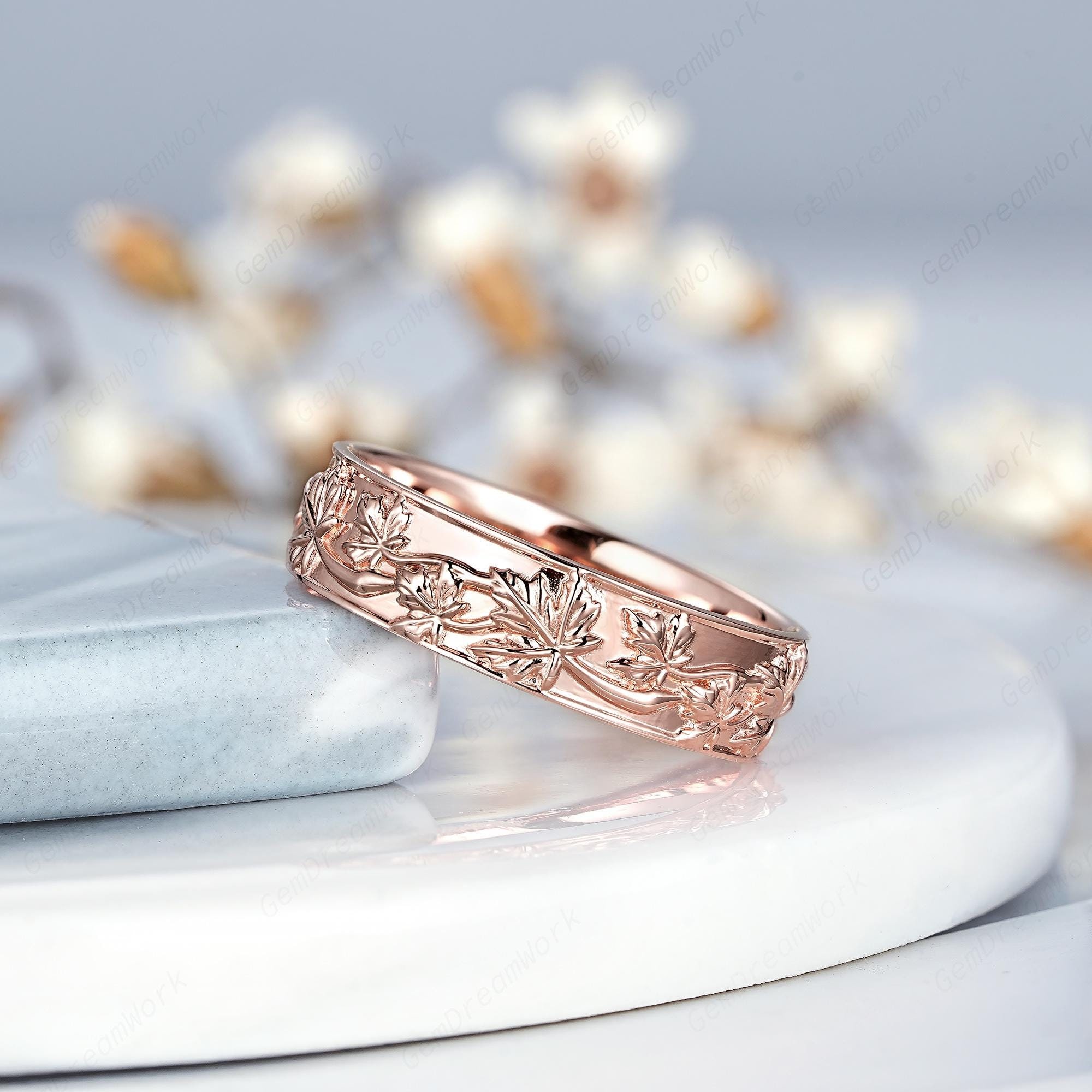 MAPLE メイプル FLORAL BAND リング 約15.5〜16号の間位 5mm Custom Maple Nature Inspired Couple Ring Set 14k Rose Gold His