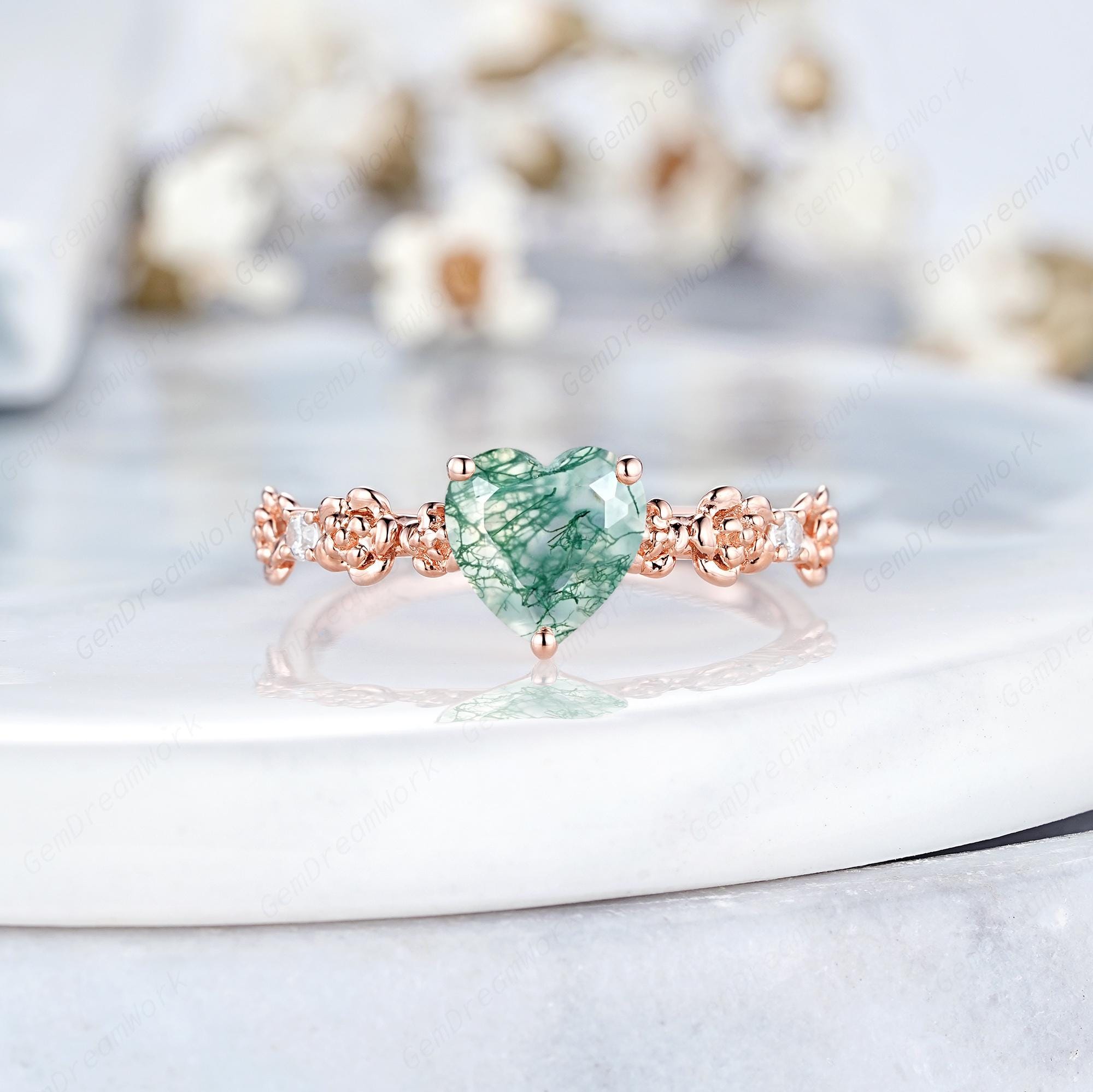 Heart Moss Agate Engagement Ring 14k Gold Rose Birth Flower Wedding Ring Nature Agate Anniversary Rings For Women Custom Promise Rings Gifts