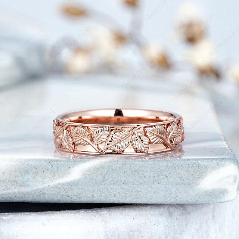Men's Rings Leaf Pattern Vintage Leaf Design Couple Ring Set 14k Gold Nature Inspired Full ...
