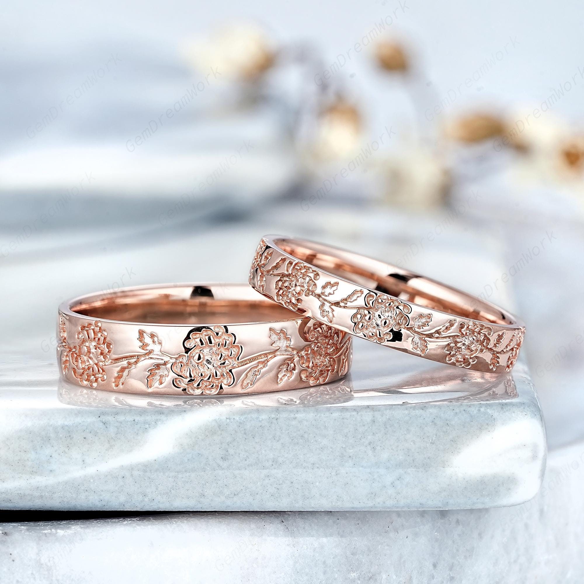 14k Gold Leaf Floral Couple Ring Set Vintage Chrysanthemum Design