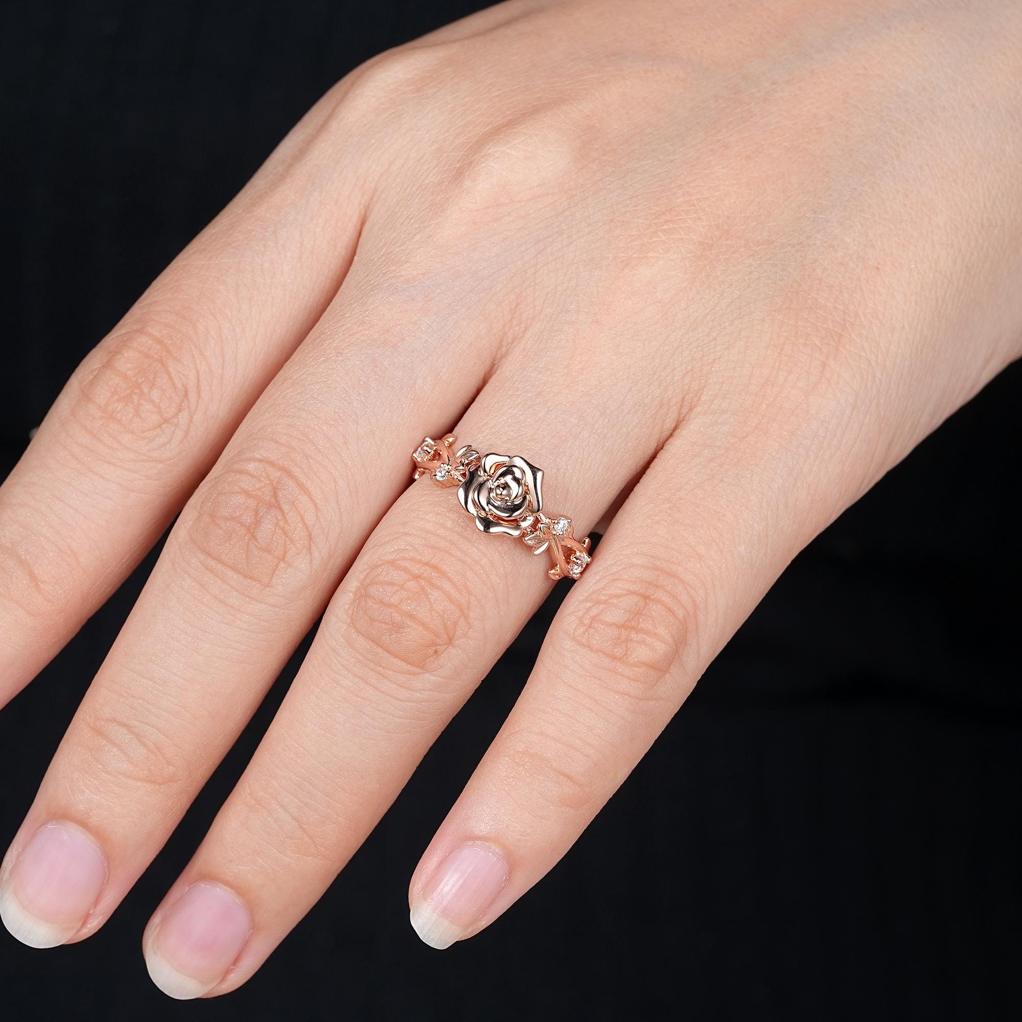 Vintage Rose Flower Engagement Ring, Custom Leaf Nature