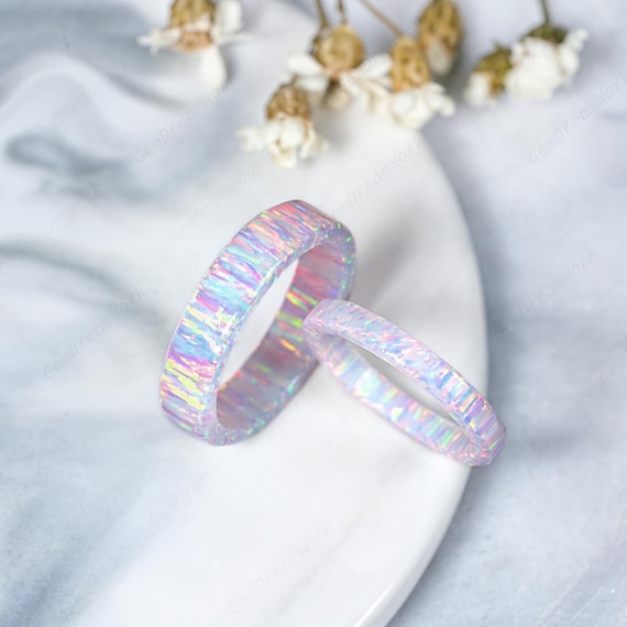 White Fire Opal Couple Rings Custom Opal Rings for Women and Men