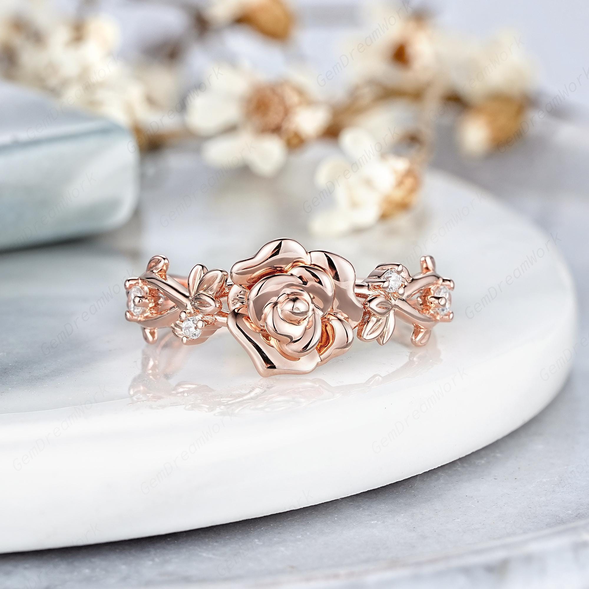 Vintage Rose Flower Engagement Ring, Custom Leaf Nature Inspired ...