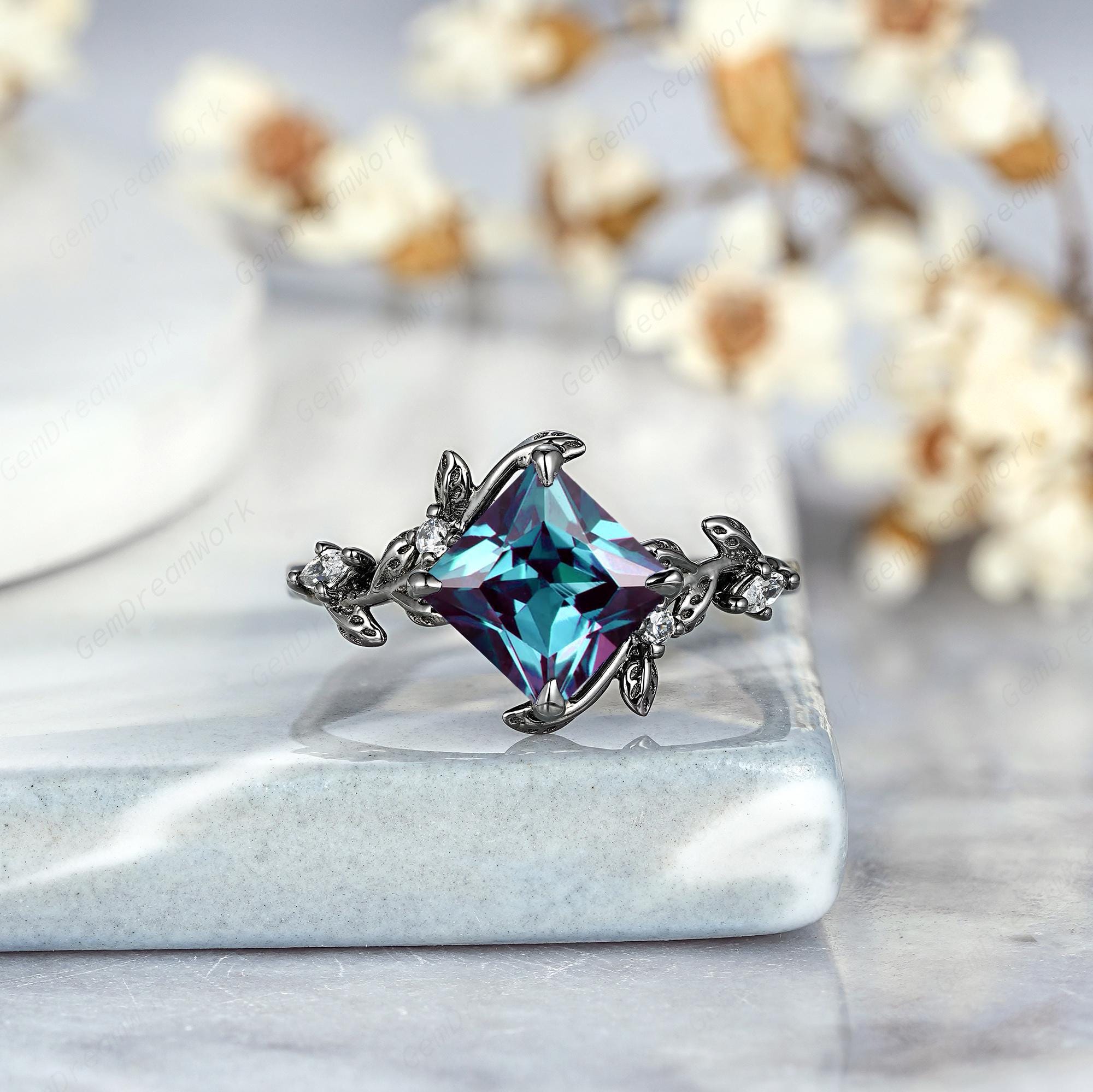 Princess Alexandrite Engagement Ring Set Gothic Black Gold Leaf