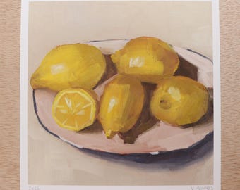 Impression d'art « Citrons sur assiette » reproduction d'une peinture à l'huile originale