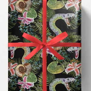 Emballage serpent, Papier cadeau illustré, Papier cadeau toutes occasions sur le thème des reptiles, Papier cadeau mystique foncé