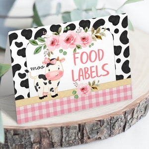 Cartes de lieu de vache modifiables, étiquettes d'aliments, décorations d'anniversaire de ferme de fille, décor floral de douche de bébé de vache, cartes de tente de table de dessert