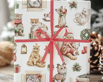May include: Gift-wrapped present with festive cat illustrations on white wrapping paper, tied with a red ribbon. The paper features various cats in holiday attire and settings, including Santa hats and Christmas decorations. The overall theme is Christmas and cats.
