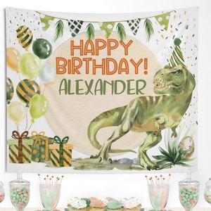 Dinosaur Party Backdrop, Buffet Table Backdrop, Dinosaur Three Rex Birthday Decor, Photo Zone Printable Backdrop printed on fabric