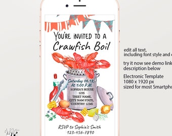 May include: A digital invitation to a crawfish boil. The invitation features a watercolour illustration of crawfish in a pot with corn, lemons, and spices. The text reads "You're invited to a Crawfish Boil" and includes the date, time, and location of the event. The invitation also includes a phone number for RSVP.