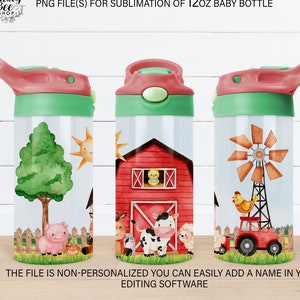 Farm Animals 12oz Baby Bottle Sublimation, Barnyard Baby Sublimation Design, Red Farm PNG File, Instant Download, Tumbler Template