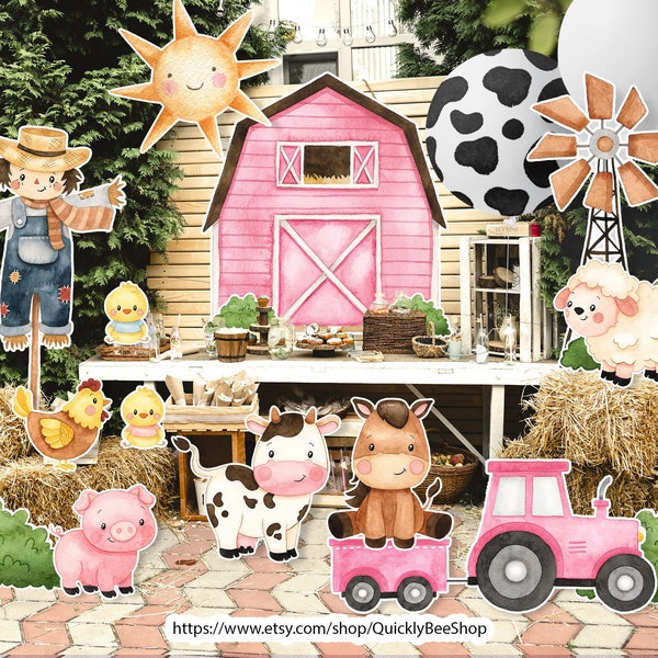 Big Pink decor Farm, Barn, Donkey, Lamb, Piglet, Chicken, Sun, Animals  Barnyard Ranch, Baby Shower Party, Birthday Party, DIGITAL download