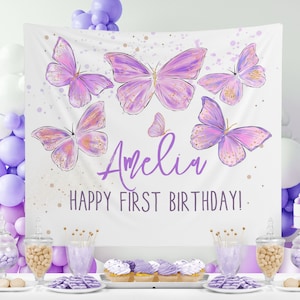 Purple Butterfly Birthday Backdrop, Butterfly Decor, Little Butterfly Girl Party, Table Decor Baby Shower, Fabric Backdrop