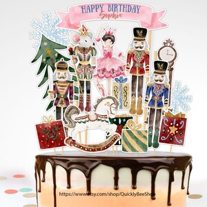 Centro de mesa para tarta de ballet con Cascanueces rosa, pañal para tarta, fiesta de Navidad, fiesta de cumpleaños, plantillas editables e imprimibles de descarga instantánea.