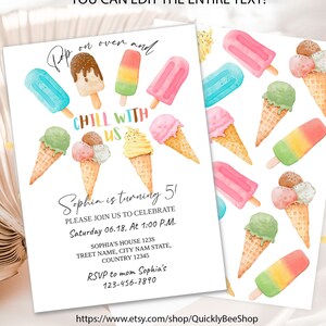 Editable Ice Cream Birthday Invitation, First Birthday Party, Popsicle Scoop Cone Ice Cream, Printable Template Instant download