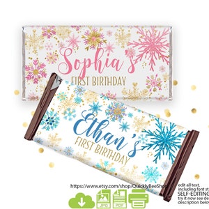 EDITABLE Winter Wonderland Candy Bar Wrappers, Winter Birthday Party Favors Snowflakes, Blue Pink Gold Chocolate Label Printable Download