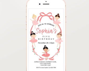 Editable Ballerina Birthday Electronic Invitation, Party Phone Birthday Invitations, Ballerina Invite Template Digital Instant Download