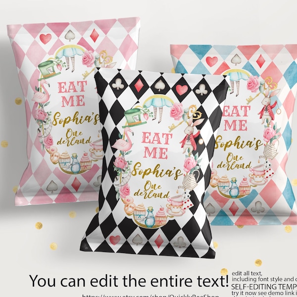 Alice In Wonderland Chip Bag, Alice in Onederland Birthday Favors, Mad Hatter Tea Party Editable Printable INSTANT DOWNLOAD