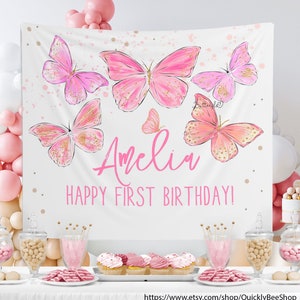 Pink Butterfly Birthday Backdrop, Butterfly Decor, Little Butterfly Girl Party, Table Decor Baby Shower, Fabric or digital Backdrop