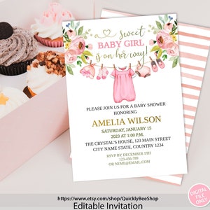 Girl Baby Clothes Baby shower Invitation, Laundry Pink Floral, A sweet baby Girl is on her way, Boho baby, Download Editable Printable