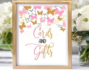 Butterfly Baby Shower Cards and Gifts Sign 8x10 Pink Gold Butterfly Cards and Gifts Sign, Printable Sign Digital Instant Download