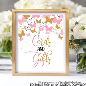 Butterfly Baby Shower Cards and Gifts Sign 8x10 Pink Gold Butterfly Cards and Gifts Sign, Printable Sign Digital Instant Download