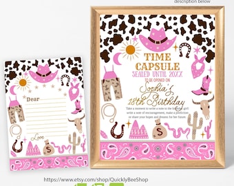 May include: A printable pink and brown cow print time capsule sign with the text "Time Capsule Sealed Until 20XX To Be Opened On Sophia's 18th Birthday". The sign is decorated with a pink bandana, a cowboy hat, a horseshoe, a cactus, a snake, a skull, and a pair of cowboy boots.