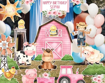 Big Pink decor Farm, Barn, Donkey, Lamb, Piglet, Chicken, Sun, Animals  Barnyard Ranch, Baby Shower Party, Birthday Party, DIGITAL files